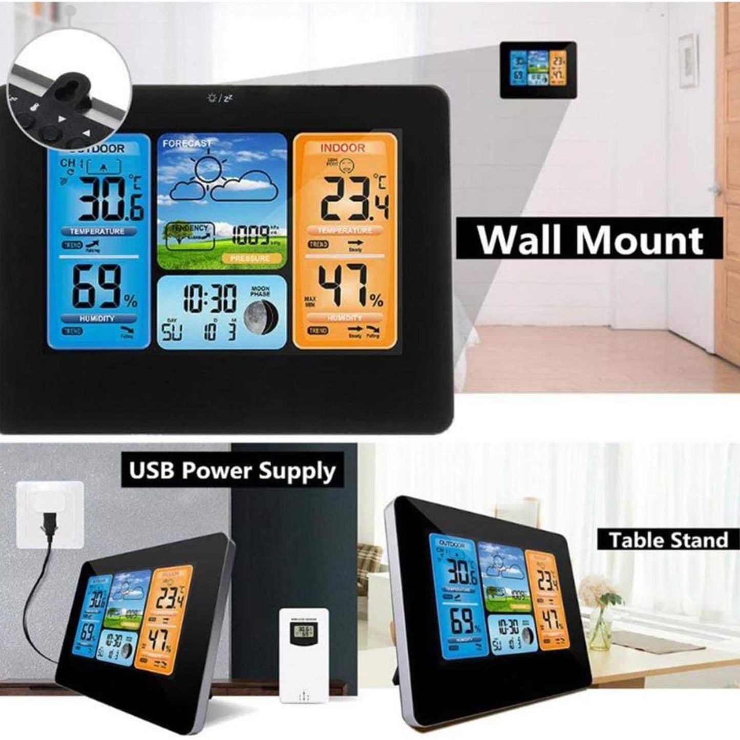 LCD Wireless Color Weather Clock Black