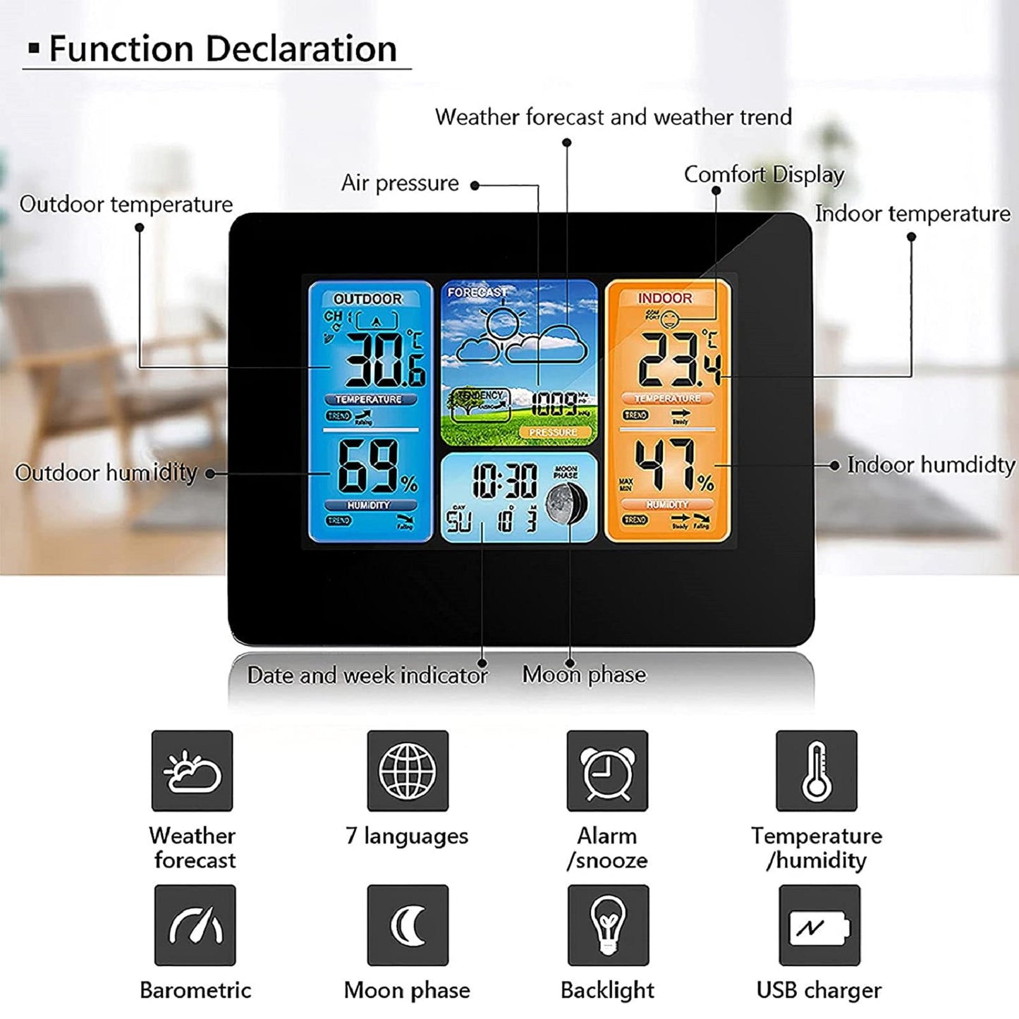 LCD Wireless Color Weather Clock Black