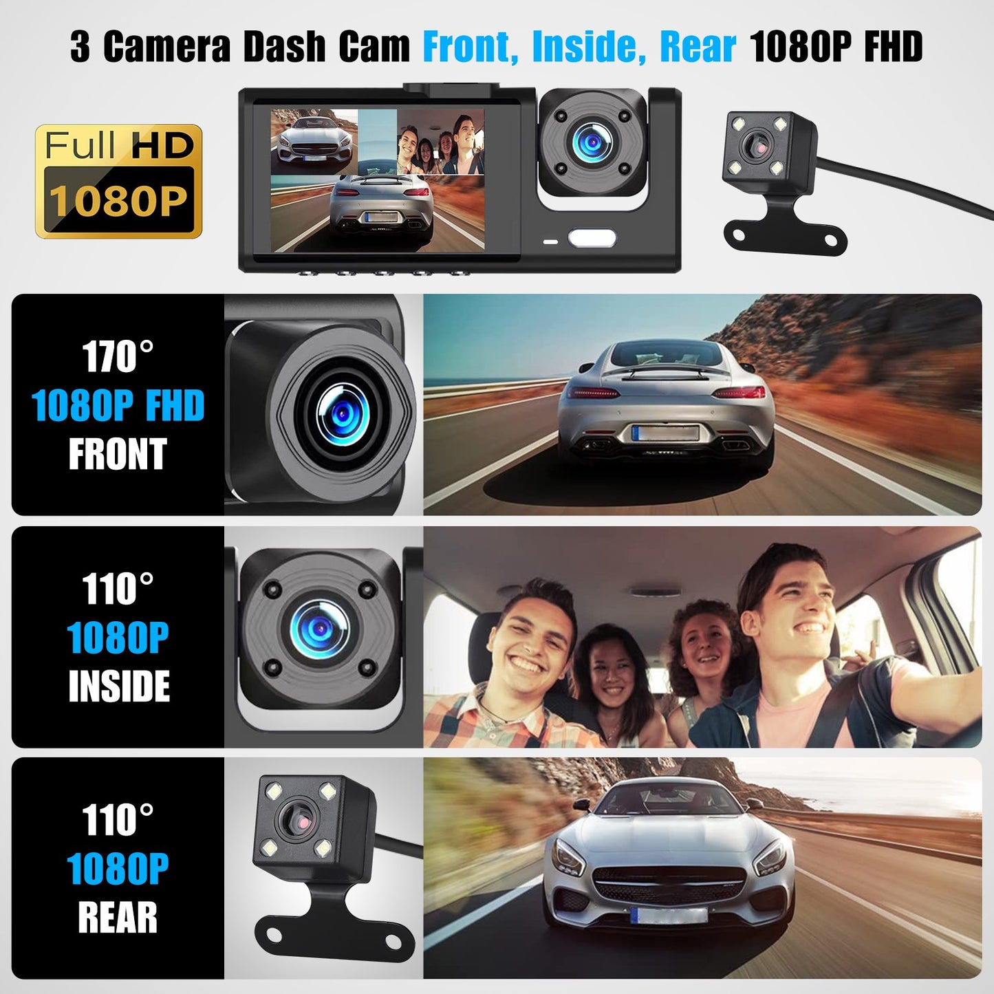 3 Camera 1080P Car DVR Dash Cam