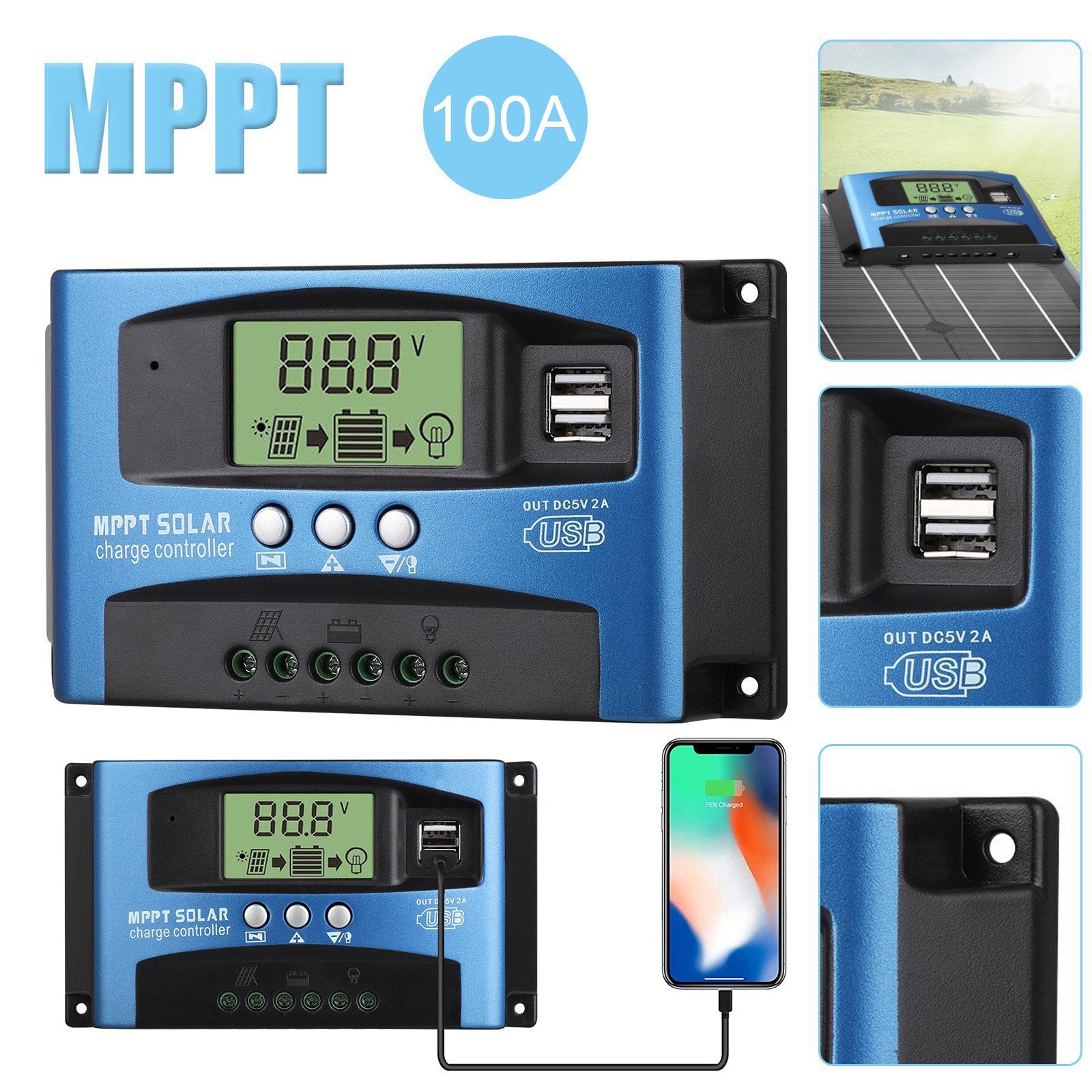 100A MPPT Solar Charge Controller - Auto 12V/24V/36V/48V, For Solar Panel Battery Systems