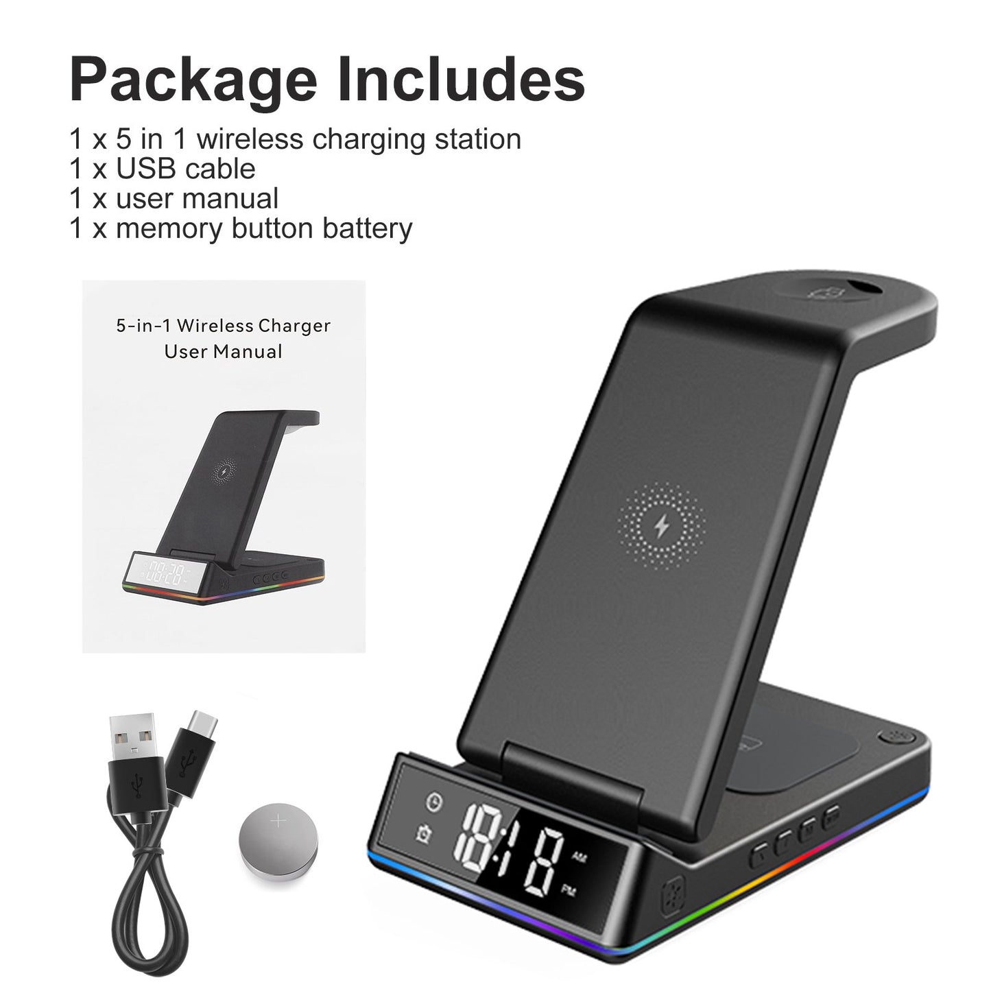 5 IN 1 Qi Wireless Charger Charging Dock Stand